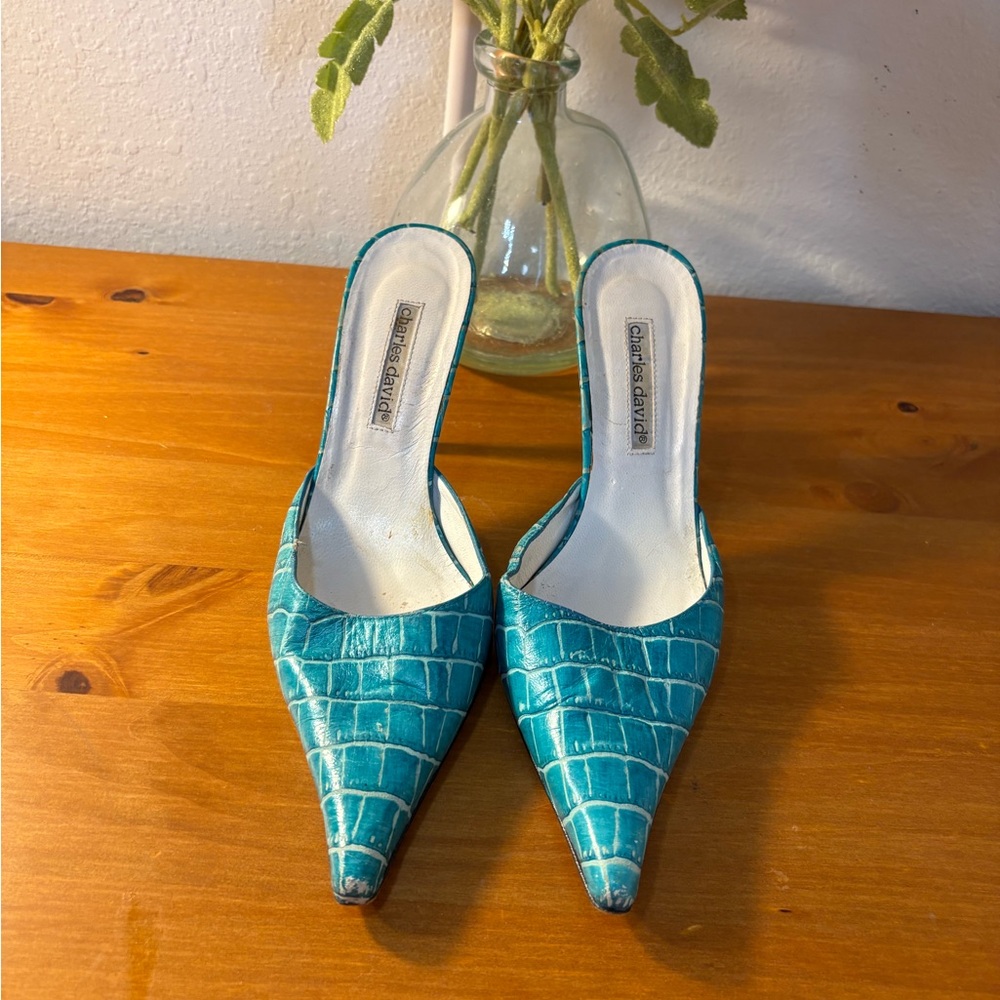 Donald J. Pliner Teal Crocodile-Embossed Mules